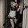 Glossy anime maid costume featuring a sexy bunny girl design with sheer chest detail, pvc style uniform for cosplay.