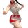 Sexy maid costume with red accents, featuring a bustier top and skirt, perfect for festive outfits or naughty themed events.