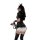 Sexy black latex dress with white fur trim, revealing thigh-high boots and a lace mask, perfect for nightclubs or daring fash...