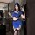Woman in blue golden night air hostess uniform lingerie, police-themed sexy outfit with no-remove design, posing in mirror.
