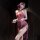 Woman in purple lace qipao-style lingerie with high slit, holding fan, wearing blindfold and flower hairpiece.