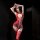 Woman wearing red golden night seductive lace bodysuit with sheer mesh panels and eye mask, posing elegantly in dim light.