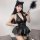A woman wearing a black pu mini skirt set with cat ears and a fluffy tail accessory, styled in japanese anime cosplay.