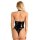 Woman wearing black mirror-finish pvc bodysuit with open-crotch and cut-out bust, back view.