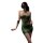 A woman wearing a green snake-themed sheer high-neck bodycon sleep dress, featuring a plunging neckline and elegant design, p...