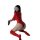 Red latex bodysuit with open crotch design, featuring zippered fetish costume and tight thigh restraints.