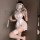 A woman poses with a fan, wearing a delicate lace sheer cheongsam lingerie set. the elegant design features intricate floral ...