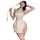 A woman wears a delicate beige lace sheer cheongsam lingerie set, featuring a maid costume design with intricate details and ...