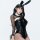 Sexy anime cosplay outfit featuring a black leather bunny girl costume with bunny ears, fishnet stockings, and a tie detail.