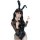 Sexy anime cosplay outfit featuring a black leather bunny girl costume with fishnet stockings and bunny ears.