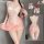 Sleek peach-colored sheer dress with floral lace design, featuring backless tie-strap and crisscross back detail, perfect for...