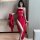 Elegant red sheer corset set with high slit, perfect for seductive palace-style chinese bridal attire and empress costume.