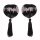 Black sequined heart-shaped nipple covers with tassel detail, featuring lace trim and silicone backing for a flirty, sexy loo...