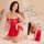 Woman wearing red ice silk lace-trimmed tube top dress, sheer tight-fit bodycon mini with sensual design, plus size option.