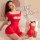 Woman wearing red ice silk lingerie set with revealing chest cutout and bodycon mini dress, shown front and back views.