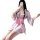 A woman poses in a japanese-style bunny kimono, featuring a pink floral design and a large bow at the waist, perfect for summ...