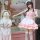 A cute japanese-style cosplay maid dress featuring a soft pink uniform with ruffles, perfect for role play. includes a matchi...