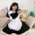 A woman wearing a japanese cute bunny maid cosplay dress, featuring black and white colors with lace details and a bow apron,...