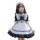 A cute japanese girl wearing a black maid dress with white accents, featuring ruffles and bows, perfect for a kawaii child se...