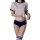A woman models a japanese gymnastics outfit, featuring a beige crop top with navy trim and matching navy shorts, paired with ...
