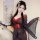 Woman in black floral japanese-inspired kimono lingerie set, holding a traditional instrument, with elegant hair accessories ...