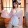 Woman in pink japanese kawaii bunny kimono robe with lace, bow, and floral print. sexy sleepwear set.