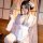 Woman in pink bunny-print kimono robe with lace trim, holding fan; sexy lingerie set with floral hairpiece.