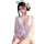 Woman wearing pink japanese kawaii bunny kimono robe with lace, bow, and floral print; sexy sleepwear lingerie set.