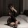 Japanese kimono style halloween lingerie - deep v retro sexy costume for curvy women, showcased on a model wearing black stoc...