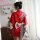 A vibrant red japanese kimono-style lingerie set, featuring floral patterns and a decorative bow, perfect for cosplay and rol...
