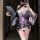 A woman poses with a fan, wearing a japanese kimono-style lingerie set featuring floral patterns and a purple sash. perfect f...