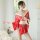 A woman models a japanese-style kimono lingerie set, featuring a floral print, vibrant red color, and elegant design, perfect...