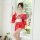 A woman poses by a window wearing a red floral japanese-style kimono lingerie set, featuring a sexy sleepwear design with del...
