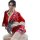 A woman wears a vibrant red japanese kimono-style robe set with floral patterns, holding a decorative fan, ideal for role pla...