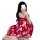 A woman poses with a smartphone, wearing a vibrant red japanese-style lace kimono lingerie set. the dress features floral pat...