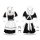 Japanese lolita maid costume set featuring a black lace bodice with white apron, thigh-high stockings, and maid accessories f...