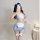 Japanese maid costume set featuring cute pastel blue lingerie with lace details, white apron, and detachable skirt, perfect f...
