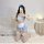 Japanese maid costume set featuring cute pastel blue lingerie with lace details, white apron, and detachable skirt, perfect f...