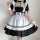 Japanese maid costume dress featuring black and white colors, cute anime schoolgirl design with ruffles and corset detail, pe...