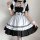 Japanese maid costume dress featuring black and white colors, cute lolita style with ruffles and bows, perfect for cosplay or...