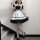 Japanese maid costume dress featuring black and white colors, cute anime schoolgirl design with ruffles and bow details, perf...