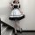 Japanese maid costume dress featuring black and white colors, cute anime schoolgirl design with ruffles and bow details, perf...