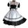 Japanese maid costume dress featuring black and white colors, cute lolita style with ruffles and corset design, perfect for c...