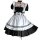 Japanese maid costume dress featuring black and white colors, cute anime schoolgirl design with ruffles and corset detail, pe...