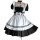 Japanese maid costume dress featuring black and white colors, cute anime lolita style with ruffled sleeves and skirt, perfect...