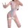 A woman poses wearing a sheer white bodysuit with an open crotch design, styled like cute schoolgirl swimwear inspired linger...
