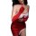 Sexy red dress with white trim, festive santa-themed gloves, perfect holiday costume for women.