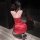 Woman in red satin dress with lace lingerie, black heels, and hair bow – jinxiao rose lace lingerie set with ties & beads.