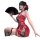 Woman in red jinxiao rose lace lingerie set with black fan, pearl beads, and rose hair accessory — seductive pure-yu style.
