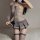 Sexy jk uniform lingerie set featuring sheer mesh top with tie detail, plus pleated skirt and stockings, perfect for petite w...